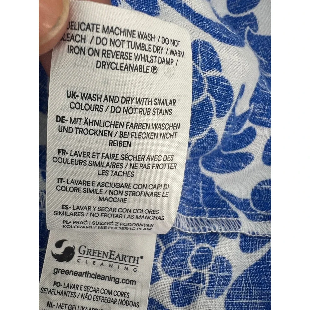 Boden Womens 10 Blue White Floral Linen Smocked Puff Sleeve Button Down Blouse